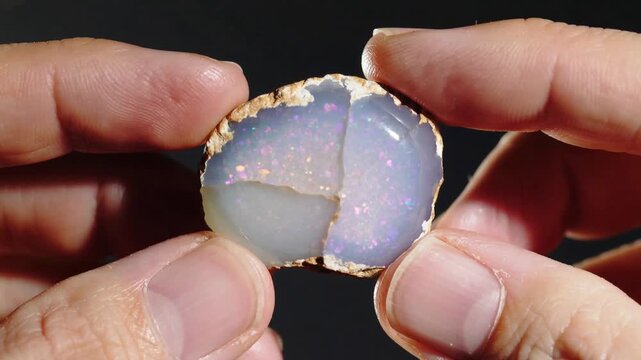 Bringing split opal nodule into center, ringed hands rotating on dark backdrop to display opal play