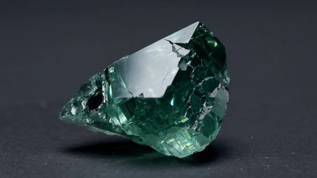 Starting turntable rotating green crystal specimen on matte platform, revealing facets for study