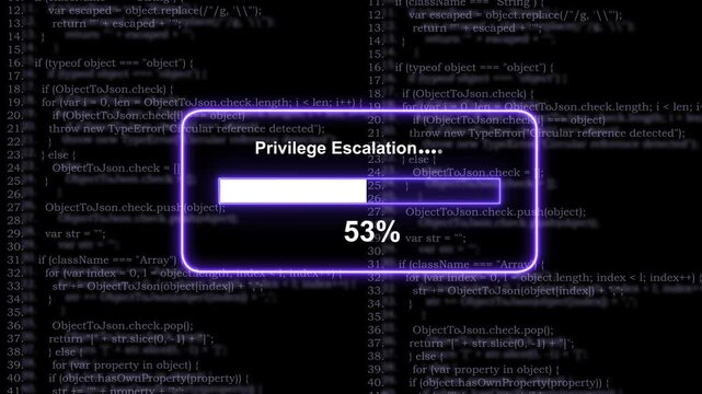 Cybersecurity privilege escalation progress bar loading animation over abstract software source code background, for advanced network, security, data breach, prevention, and digital infrastructure