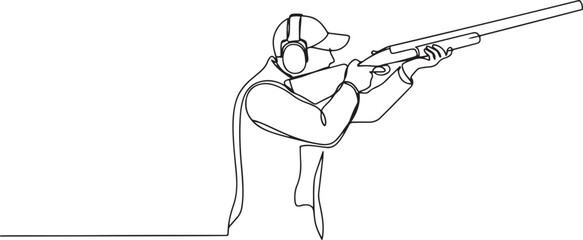 Single one line drawing back view of male shooting athlete aiming shotgun with intense focus and steady stance, wearing ear protection.one line icon drawing © Misho x Mamun