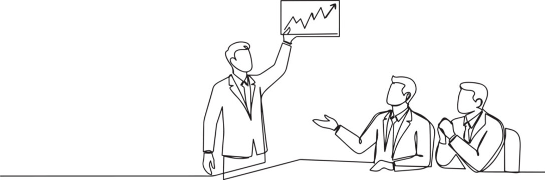 Single one line drawing three businessmen in office meeting, with one presenting fluctuating chart to colleagues, discussion business strategy.one line icon drawing