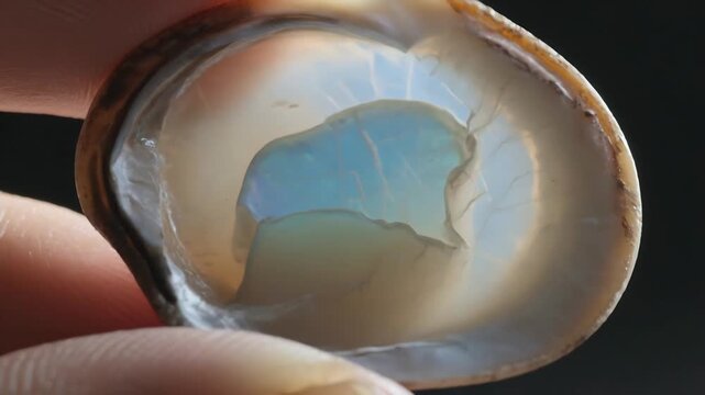 Tilting person's hand rotating polished opal nodule near tabletop, revealing color shift for study