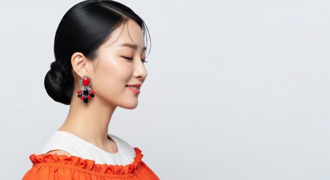 Side profile of a beautiful young asian woman with elegant bun hairstyle