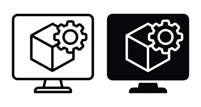 Computer monitor icon with 3D cube and gear symbol representing CAD software engineering design development technical configuration and digital modeling tools