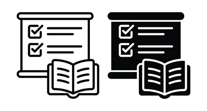 Education icon set featuring open book and presentation board with checklist marks for learning study course curriculum and academic planning
