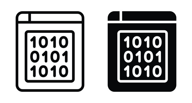 Binary code browser window icon set representing programming software development web data processing digital information technology coding script and encryption