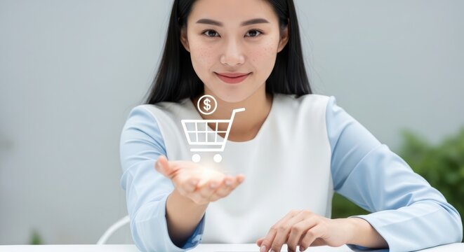 Young asian woman holding a digital shopping cart icon with a dollar sign