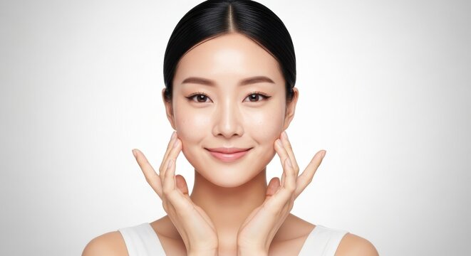 Beautiful young asian woman with perfect skin touching her face