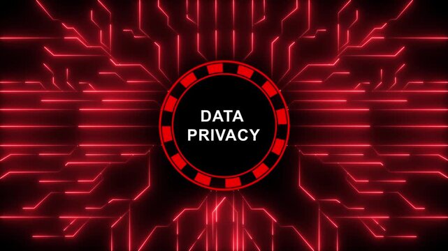 Advanced data privacy protection concept featuring glowing red digital circuitry background, with pulsing cyber, security network lines, and secure encryption, shield symbol for, modern it