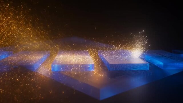 Industrial Laser Cutting Metal Sheets with Bright Sparks and Blue Glow.