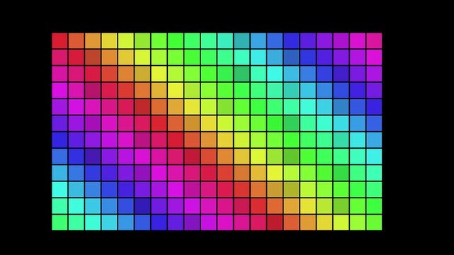 Vibrant rainbow grid motion background: colorful square tiles shifting and pulsing in a dynamic geometric pattern for modern animation 4k