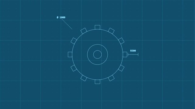 Technical engineering gear blueprint animation with precise cad dimensions and grid 4k background mechanical