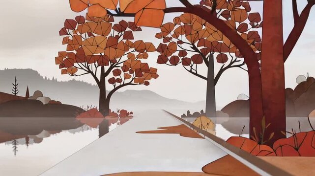 Entering thin rod dragging curling paint splash, revealing lakeside pathway with orange trees