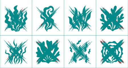 Abstract Teal Seaweed and Coral Silhouette Vector Icon Set for Marine Biology, Ocean Conservation & Underwater Branding (EPS) © Muhammad