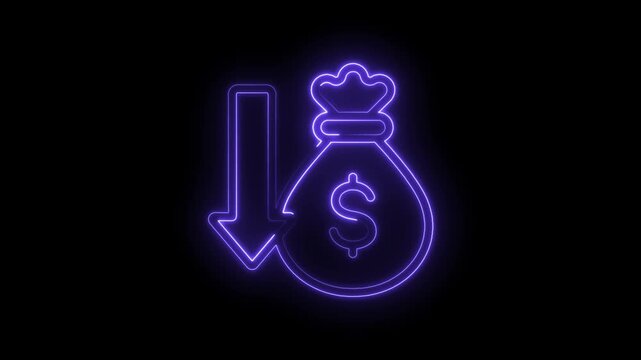 Neon purple money bag with downward arrow icon symbolizing financial loss economic downturn