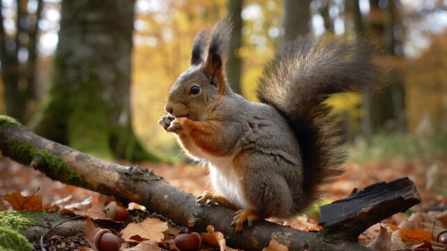 Finding nut, nibbling red squirrel adjusting nut to eat on mossy log with acorns, leaves