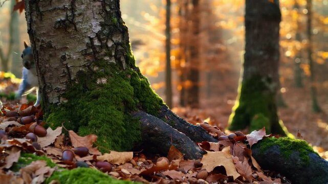 Scenting acorns, gray squirrel gripping moss-covered trunk, probing roots and slipping into cavity