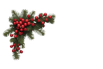 Obraz premium Christmas arrangement with festive red berries and evergreen pine branches creating a holiday border decoration
