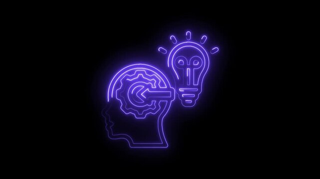 Neon outline of human head silhouette with internal gears and arrow pointing towards a icon