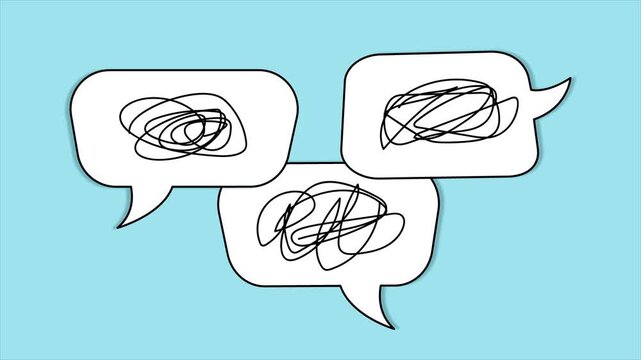 Three speech bubbles contain changing animated scribbles, representing confusion, miscommunication, unclear conversation, and communication breakdown in a seamless loop.