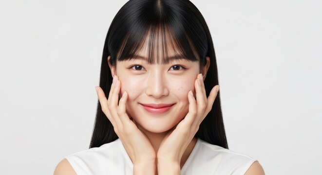 Portrait of a beautiful young asian woman with glowing skin isolated on white background
