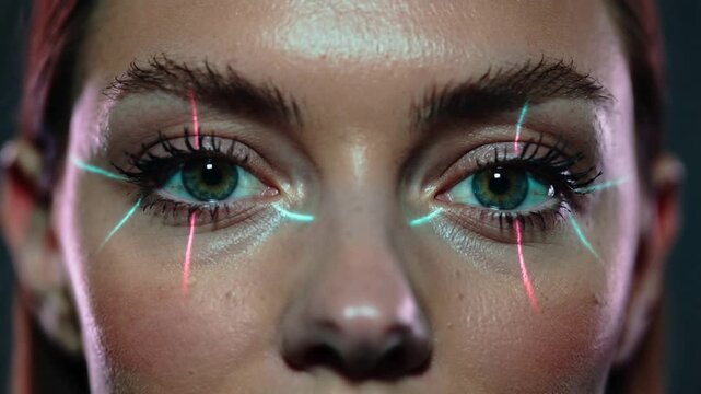 Neon lines starting female shifting gaze, blinking mascara in studio closeup wearing no clothing