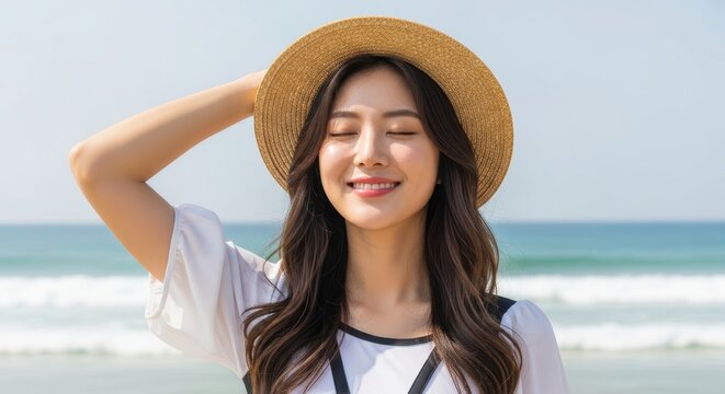 Young asian woman wearing a straw hat smiling with eyes closed at the beach
