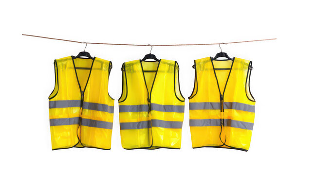 Yellow high visibility safety vests hanging on clothesline with job site on transparent background