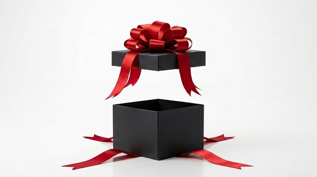 Open black gift box with a red ribbon and bow, symbolizing a surprise and celebration, on a clean white background with ample copy space for text.
