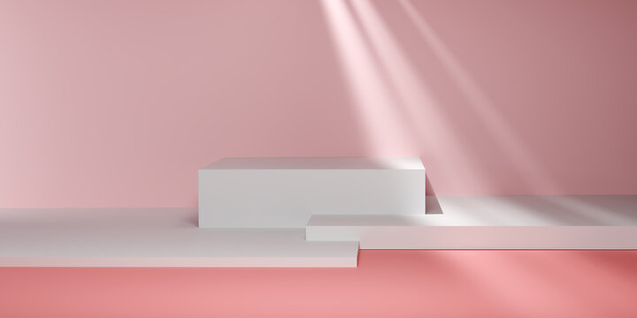 Minimalist geometric design featuring abstract white shapes on soft pink gradient background with light rays