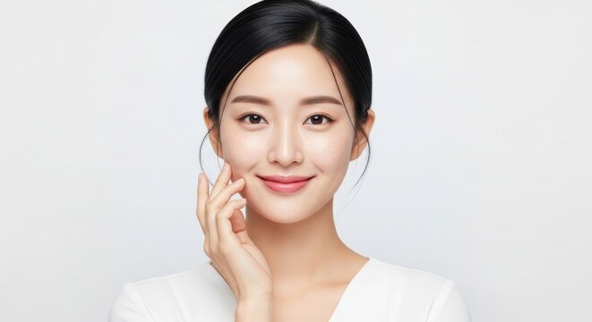 Portrait of a beautiful young asian woman with glowing skin isolated on white background