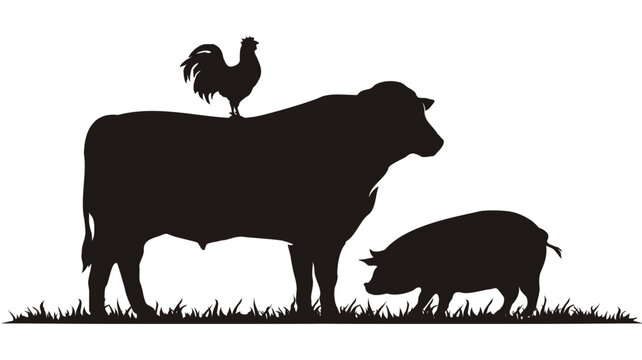 Silhouette illustration of a cow a pig a chicken standing on grass against a white background silhouette livestock agriculture domestic isolated countryside barnyard
