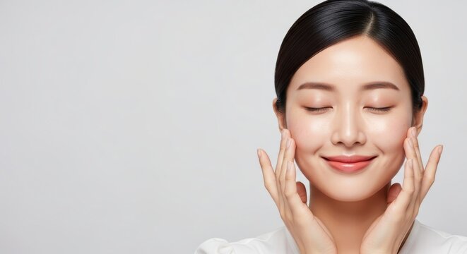 Portrait of a beautiful young asian woman touching her face with closed eyes