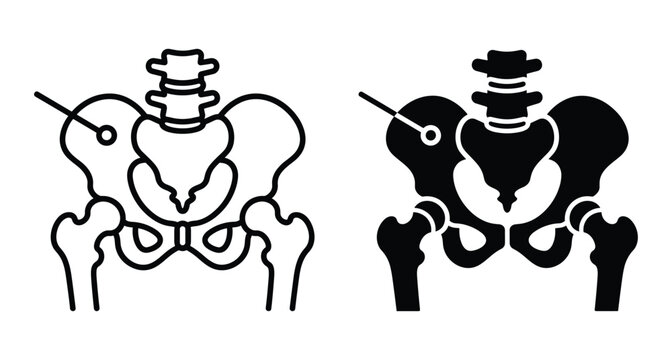 Human pelvis hip joint medical icon set showing needle injection or biopsy procedure for orthopedic surgery and bone health diagnosis