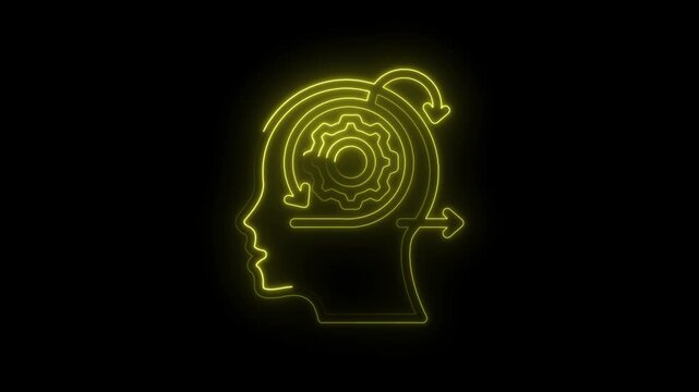 Neon yellow human head silhouette with internal gear mechanism and circular arrows icon