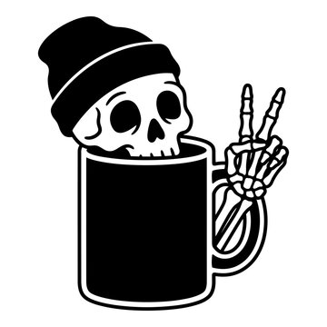 Skeleton emerging from coffee mug with peace sign