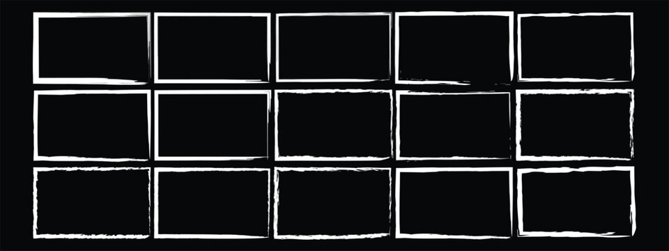 AWhite grunge rectangle frames set with textured hand drawn borders. Vector illustration of abstract empty ink scratch photo box mockup collection, vintage chalk stroke presentation template.