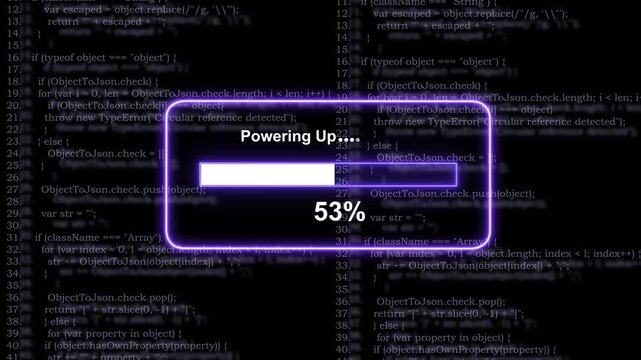 Dynamic neon purple loading bar animation with percentage counter progressing over a scrolling background, of complex software, source code for, futuristic technology, cyber, security, and software