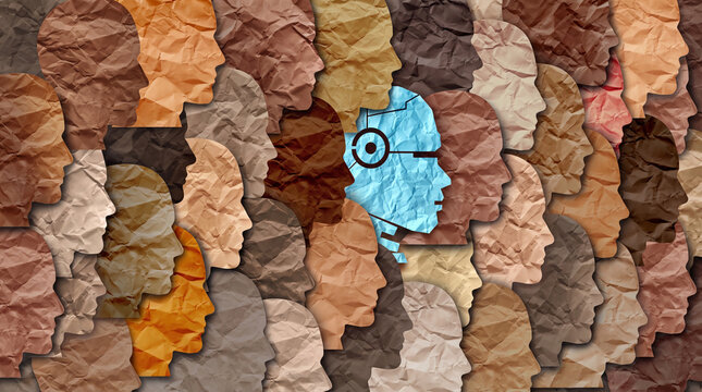 A single blue robotic head profile stands out amidst a dense collage of crumpled paper human profiles.
