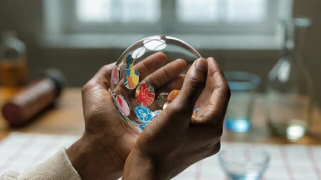 Closeup of hands holding a digital ledger with fractional tokens of artwork soft focus on the creative studio behind.