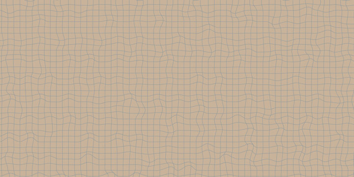 Wavy distorted grid kraft paper background with abstract linear mesh matrix texture. Vector illustration of geometric wavy line spreadsheet graph notebook page, beige craft cardboard wrapping.