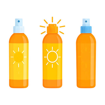 Three orange spray bottles with sun icons, representing sunblock or sunscreen for summer protection