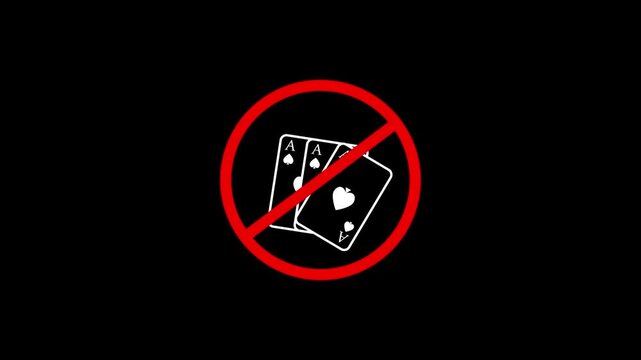No Playing Cards Prohibition Sign Animated Icon With Alpha Channel. Forbidden Gambling And Card Game Warning And Restriction Motion Graphic. Stop And Ban Notice. BLACK 