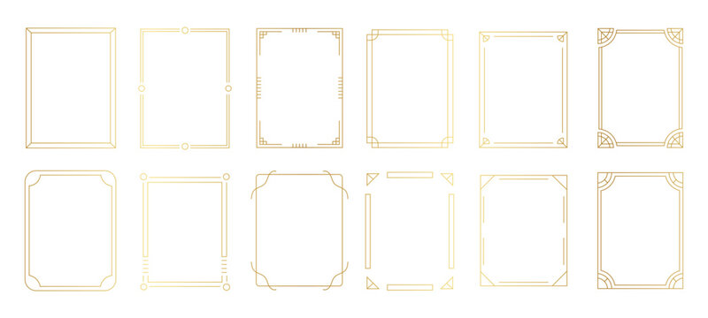 Golden thin line geometric frames set with elegant luxury border elements. Vector illustration of abstract empty vertical picture certificate mockup collection, modern metallic art deco wedding card.