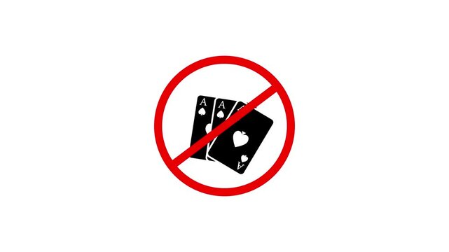 No Playing Cards Prohibition Sign Animated Icon With Alpha Channel. Forbidden Gambling And Card Game Warning And Restriction Motion Graphic. Stop And Ban Notice. WHITE 