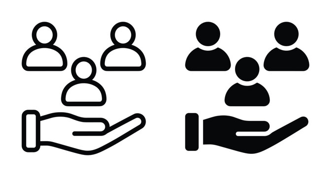 Hand holding people icon set representing customer care human resources support community teamwork protection social services charity employee benefits and management