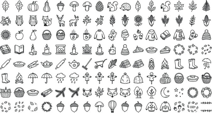 Massive bundle of minimalist autumn line icons pumpkins forest animals cozy sweaters thanksgiving food and warm fall foliage doodles set