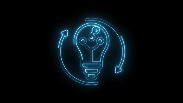 Glowing blue neon lightbulb icon with circuit board elements and rotating arrows symbolizing