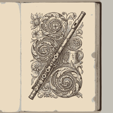 Ornate vintage flute illustration with floral filigree.