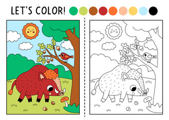 Fototapeta premium Forest coloring page with boar. Vector outline illustration with wild nature scene. Color book with colored example. Drawing printable worksheet with woodland animal, wildlife landscape